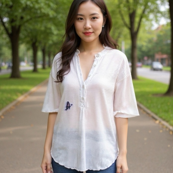 White Button-Up Women's Top with butterfly and sunflower detail - Picture 1 of 10